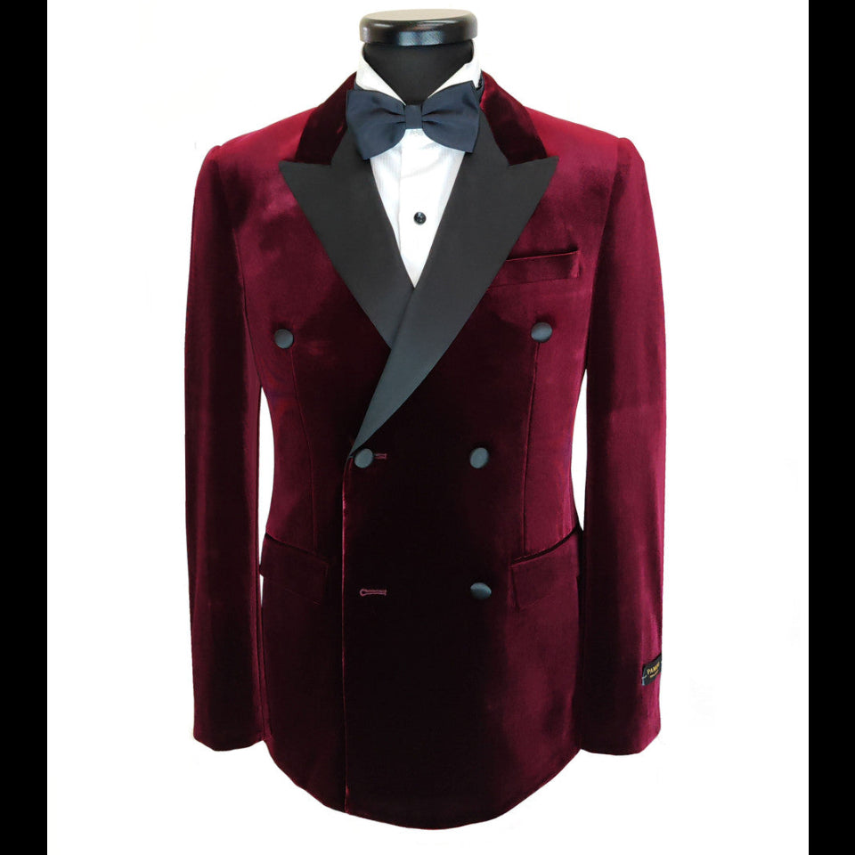 Burgundy Double Breasted Velvet Tuxedo Blazer
